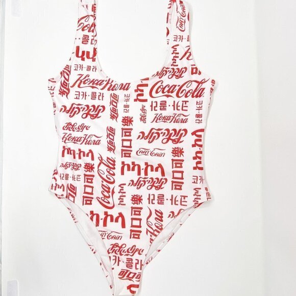 COCA COLA | Logo Global Languages White & Red Scoop Neck Swimsuit - Picture 3 of 8